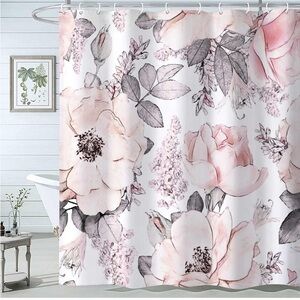 Extra-Long Watercolour Flowers, Pink Blossoms & Gray~Fabric Shower Curtain